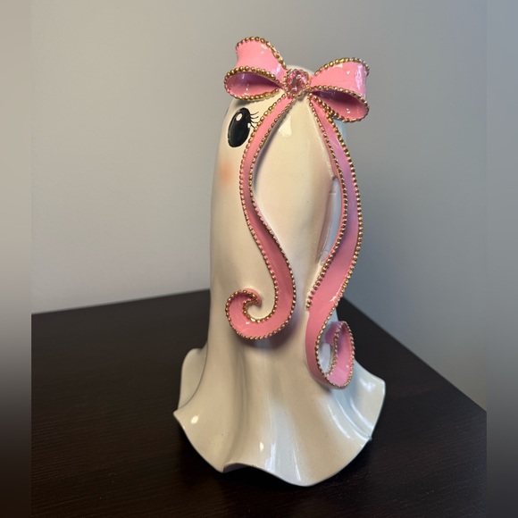 Ceramic Ghost Figurine with Pink Ribbon - Picture 2 of 3